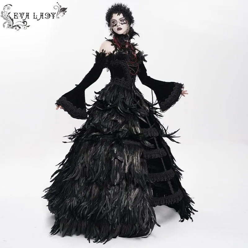 Maßgeschneidertes gotisches Schnürkleid mit Federn, schwarzem Unterkleid, Hochzeitskleid mit Halsschmuck und Ärmeln