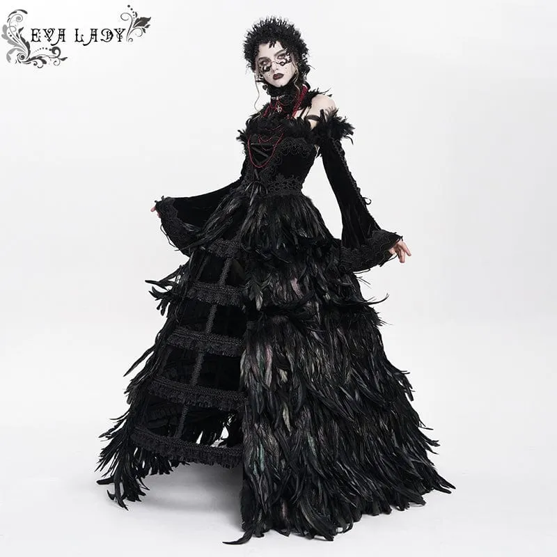 Maßgeschneidertes gotisches Schnürkleid mit Federn, schwarzem Unterkleid, Hochzeitskleid mit Halsschmuck und Ärmeln