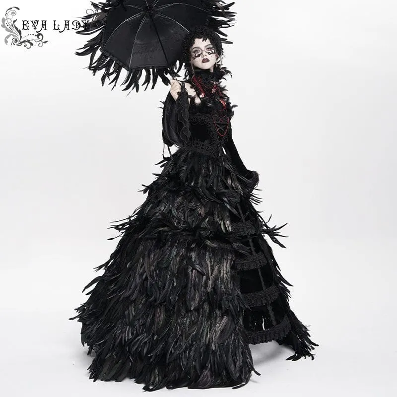 Maßgeschneidertes gotisches Schnürkleid mit Federn, schwarzem Unterkleid, Hochzeitskleid mit Halsschmuck und Ärmeln