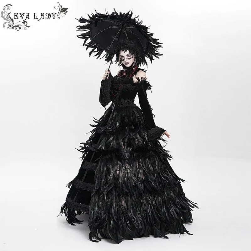Maßgeschneidertes gotisches Schnürkleid mit Federn, schwarzem Unterkleid, Hochzeitskleid mit Halsschmuck und Ärmeln