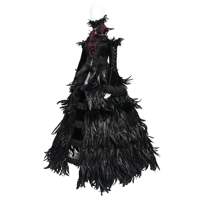 Maßgeschneidertes gotisches Schnürkleid mit Federn, schwarzem Unterkleid, Hochzeitskleid mit Halsschmuck und Ärmeln