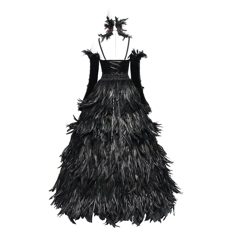 Maßgeschneidertes gotisches Schnürkleid mit Federn, schwarzem Unterkleid, Hochzeitskleid mit Halsschmuck und Ärmeln