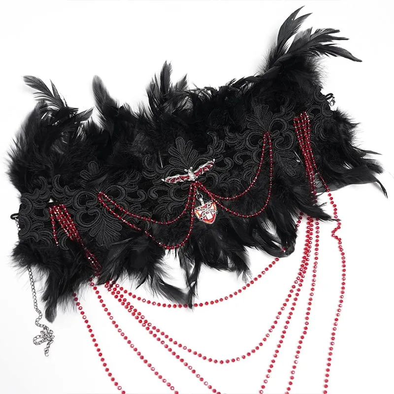 Maßgeschneidertes gotisches Schnürkleid mit Federn, schwarzem Unterkleid, Hochzeitskleid mit Halsschmuck und Ärmeln