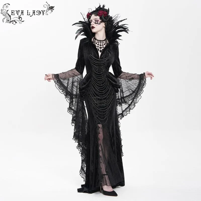 Schwarzes, maßgeschneidertes Gothic-Abendkleid mit Federketten, tiefem Ausschnitt und langen Ärmeln für Damen – Hochzeitskleid