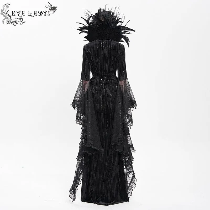 Schwarzes, maßgeschneidertes Gothic-Abendkleid mit Federketten, tiefem Ausschnitt und langen Ärmeln für Damen – Hochzeitskleid