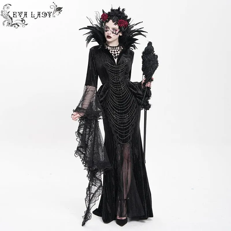 Schwarzes, maßgeschneidertes Gothic-Abendkleid mit Federketten, tiefem Ausschnitt und langen Ärmeln für Damen – Hochzeitskleid