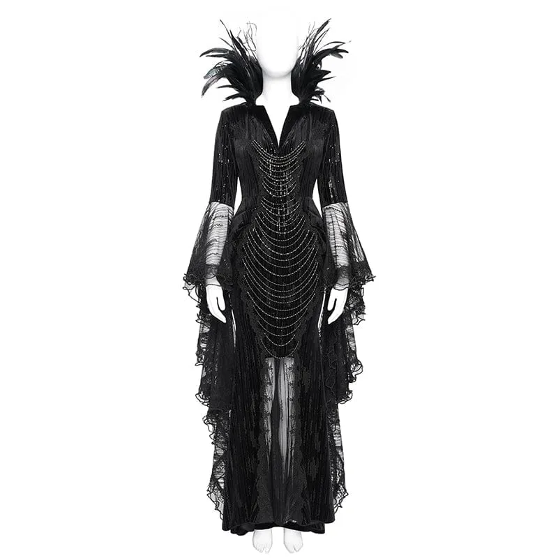 Schwarzes, maßgeschneidertes Gothic-Abendkleid mit Federketten, tiefem Ausschnitt und langen Ärmeln für Damen – Hochzeitskleid