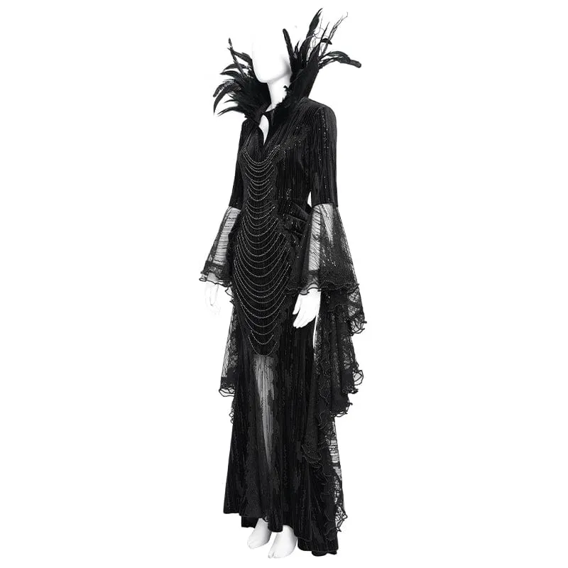 Schwarzes, maßgeschneidertes Gothic-Abendkleid mit Federketten, tiefem Ausschnitt und langen Ärmeln für Damen – Hochzeitskleid