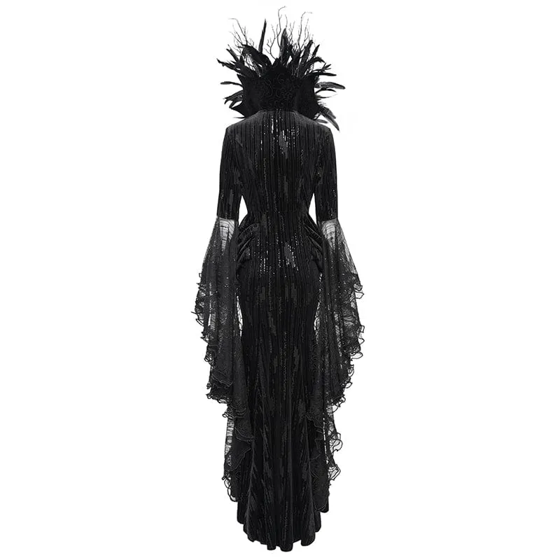 Schwarzes, maßgeschneidertes Gothic-Abendkleid mit Federketten, tiefem Ausschnitt und langen Ärmeln für Damen – Hochzeitskleid