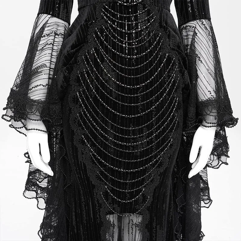 Schwarzes, maßgeschneidertes Gothic-Abendkleid mit Federketten, tiefem Ausschnitt und langen Ärmeln für Damen – Hochzeitskleid