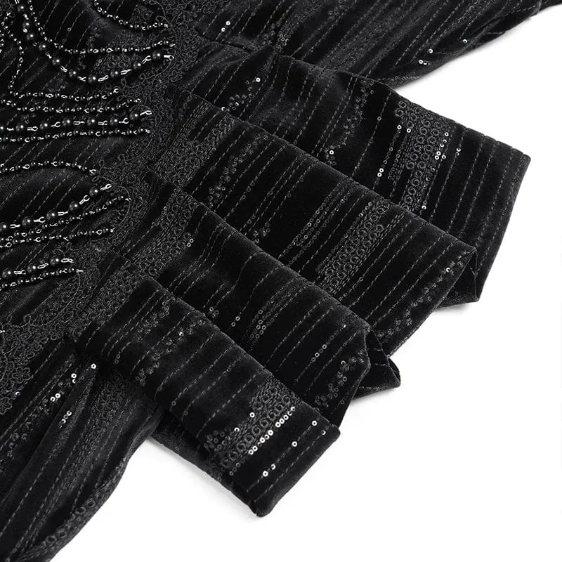 Schwarzes, maßgeschneidertes Gothic-Abendkleid mit Federketten, tiefem Ausschnitt und langen Ärmeln für Damen – Hochzeitskleid