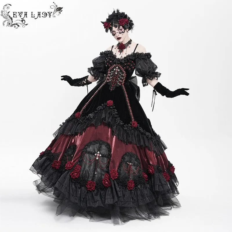 Maßgeschneidertes gotisches Brautkleid mit Rosen-Schleife, Perlenbesatz und schulterfreiem Design, schwarz, mit Schleier