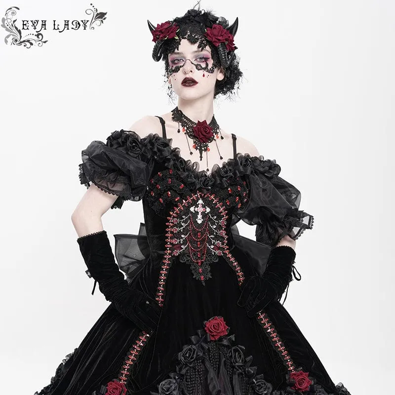 Maßgeschneidertes gotisches Brautkleid mit Rosen-Schleife, Perlenbesatz und schulterfreiem Design, schwarz, mit Schleier