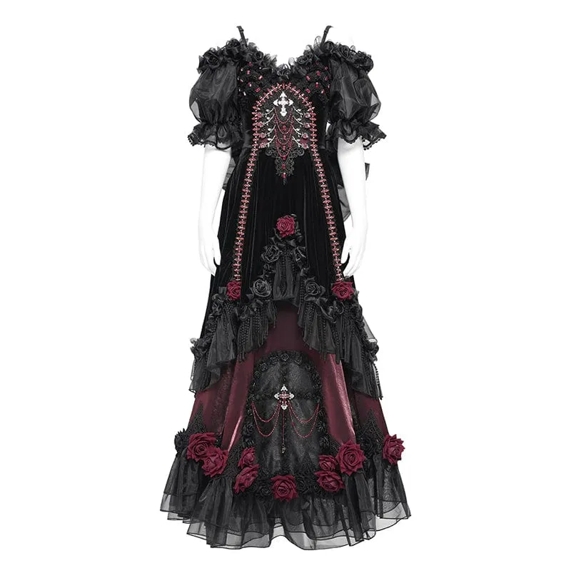 Maßgeschneidertes gotisches Brautkleid mit Rosen-Schleife, Perlenbesatz und schulterfreiem Design, schwarz, mit Schleier