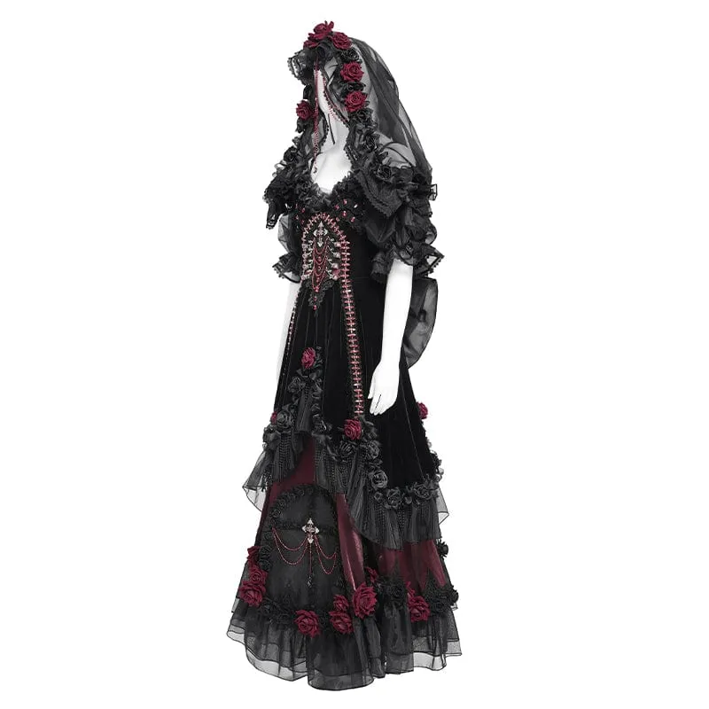 Maßgeschneidertes gotisches Brautkleid mit Rosen-Schleife, Perlenbesatz und schulterfreiem Design, schwarz, mit Schleier