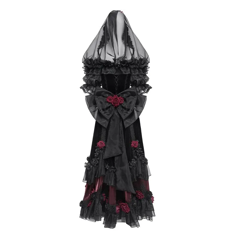 Maßgeschneidertes gotisches Brautkleid mit Rosen-Schleife, Perlenbesatz und schulterfreiem Design, schwarz, mit Schleier