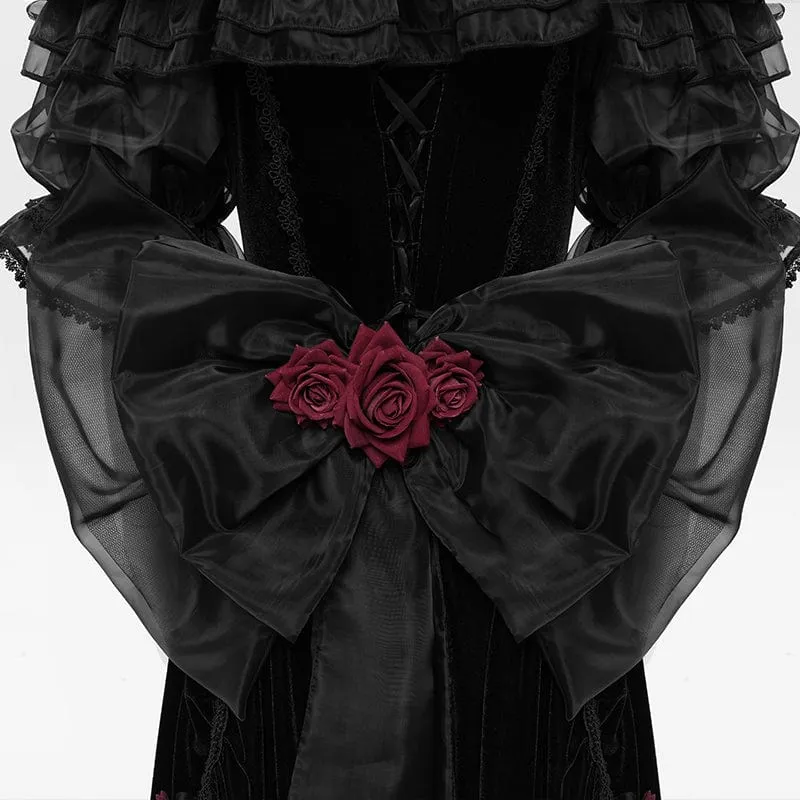 Maßgeschneidertes gotisches Brautkleid mit Rosen-Schleife, Perlenbesatz und schulterfreiem Design, schwarz, mit Schleier