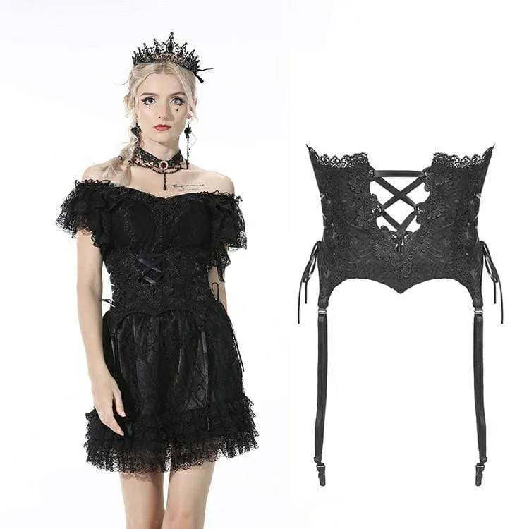 DIL Gothic-Korsett für Damen mit Riemchen und Blumenstickerei, schwarz