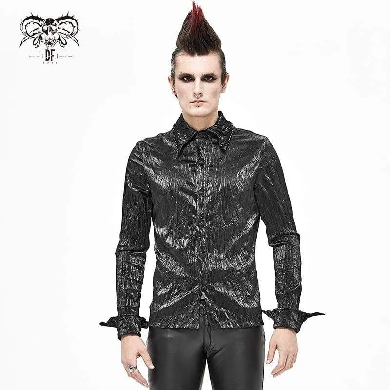 Herren Gothic Vintage Drape Kunstleder Schwarzes Hemd