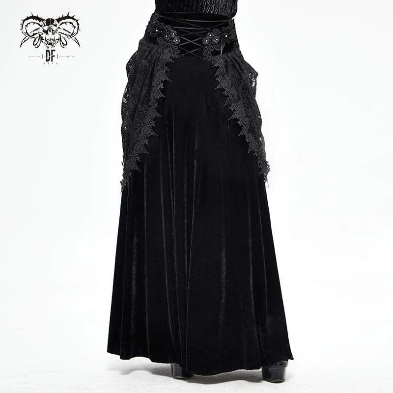 Gothic-langer schwarzer Rock mit Blumenstickerei für Damen