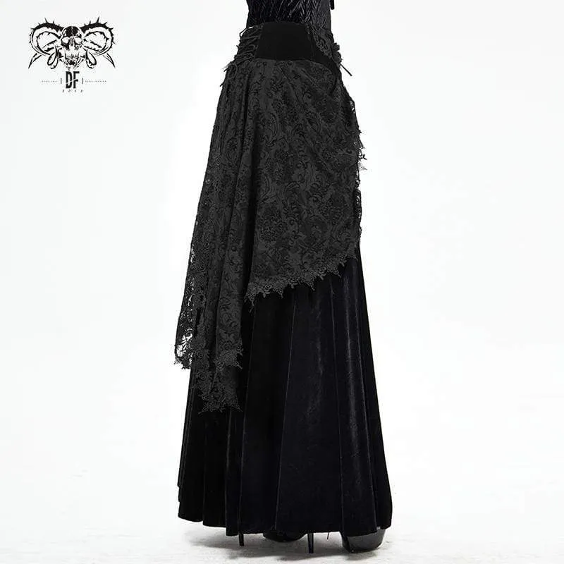 Gothic-langer schwarzer Rock mit Blumenstickerei für Damen