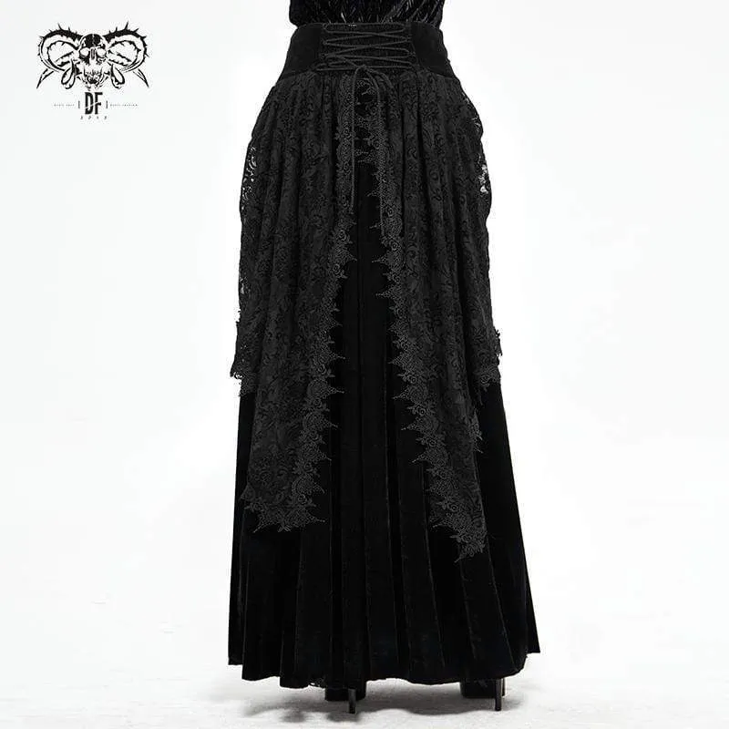 Gothic-langer schwarzer Rock mit Blumenstickerei für Damen