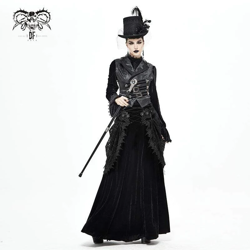Gothic-langer schwarzer Rock mit Blumenstickerei für Damen