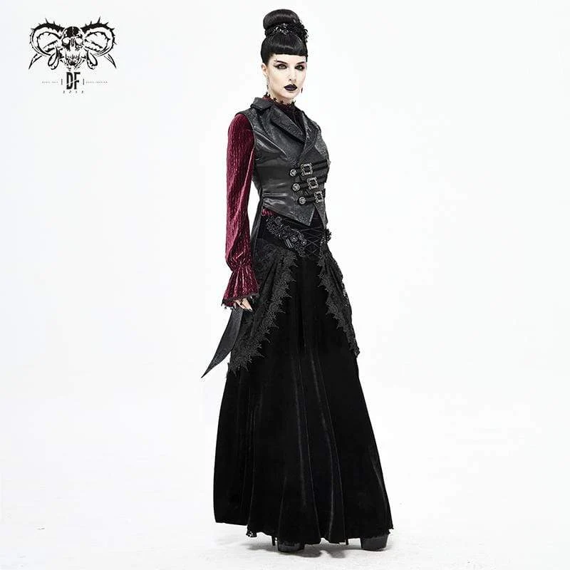 Gothic-langer schwarzer Rock mit Blumenstickerei für Damen