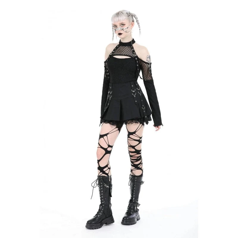 Schulterfreies Punk-Spleißhemd für Damen mit Netzstoff