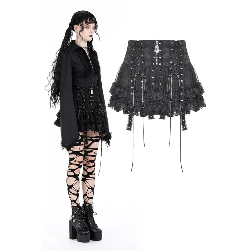 Mehrlagiger Punk-Mesh-Rock mit Schnürung für Damen