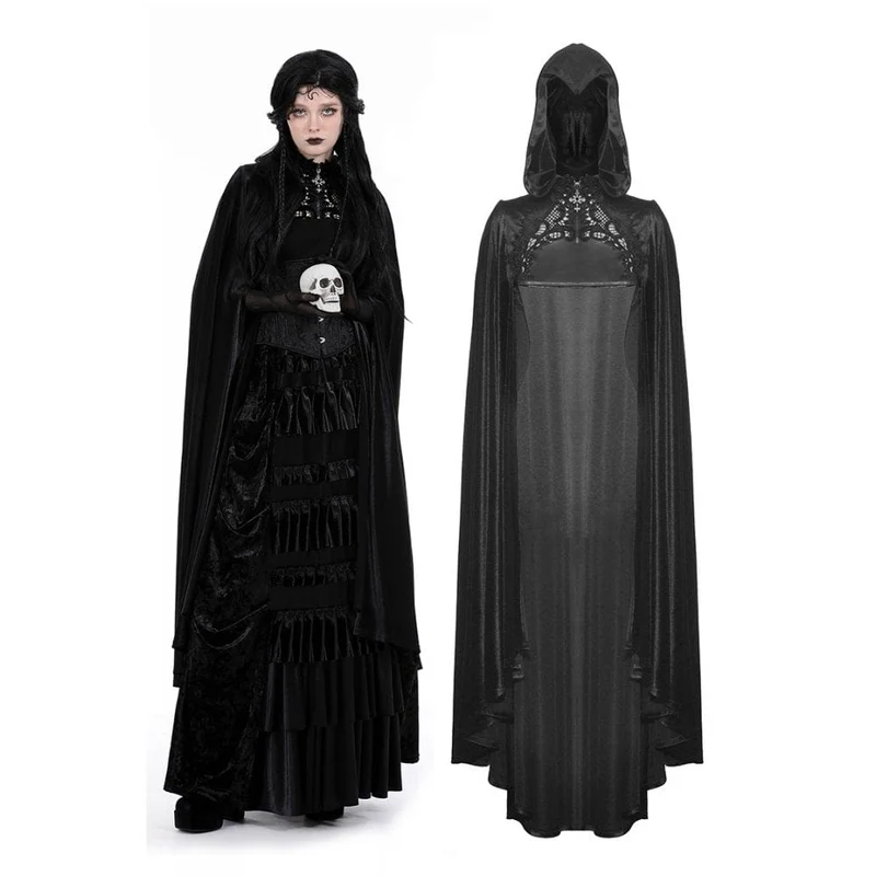 Gothic-Umhang mit Blumenstickerei für Damen und Kapuze