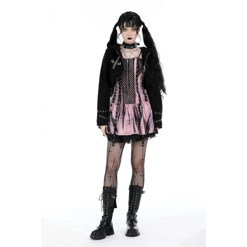 Gothic-Sherpa-Jacke mit Nieten für Damen und Kapuze