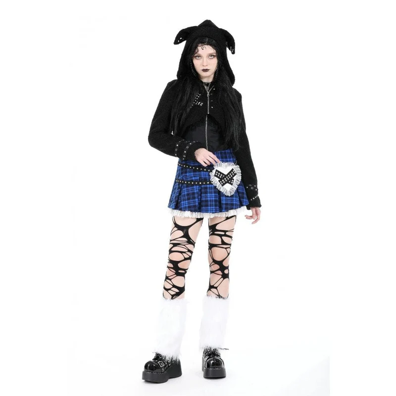 Gothic-Sherpa-Jacke mit Nieten für Damen und Kapuze