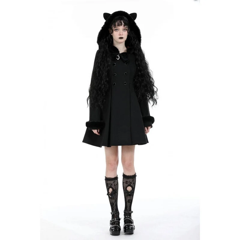 Flauschiger, gespleißter Gothic-Wollmantel für Damen mit Katzenohren-Kapuze