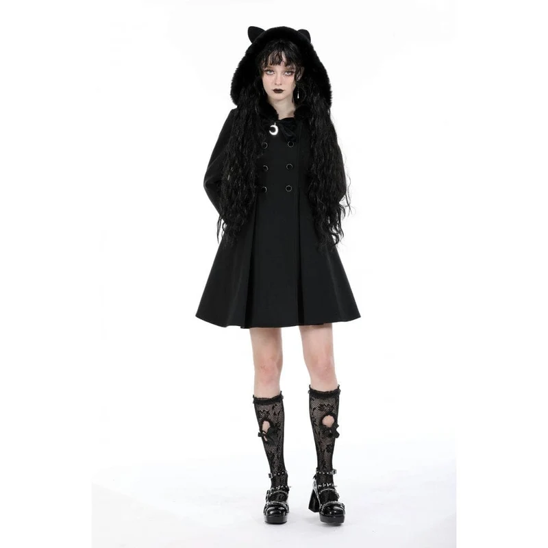 Flauschiger, gespleißter Gothic-Wollmantel für Damen mit Katzenohren-Kapuze