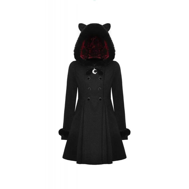 Flauschiger, gespleißter Gothic-Wollmantel für Damen mit Katzenohren-Kapuze