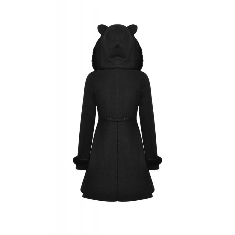 Flauschiger, gespleißter Gothic-Wollmantel für Damen mit Katzenohren-Kapuze