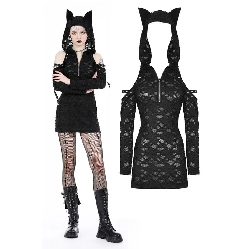 Schulterfreies, zerrissenes Punk-Kleid für Damen mit Kapuze