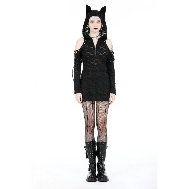 Schulterfreies, zerrissenes Punk-Kleid für Damen mit Kapuze