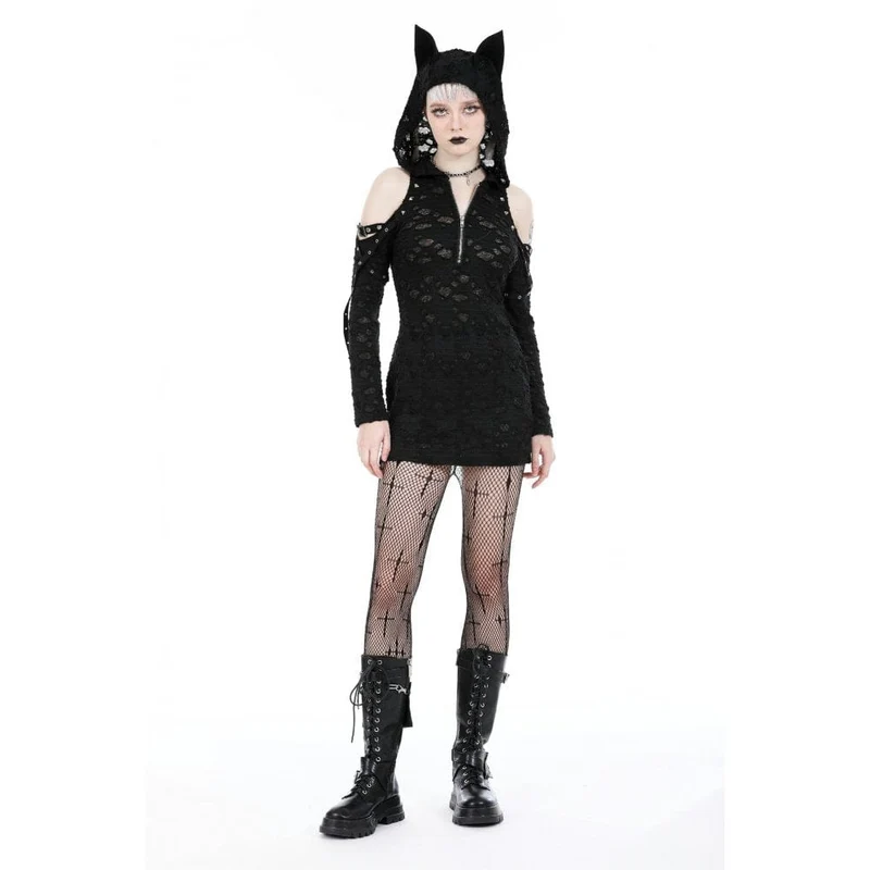 Schulterfreies, zerrissenes Punk-Kleid für Damen mit Kapuze