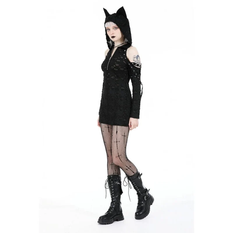 Schulterfreies, zerrissenes Punk-Kleid für Damen mit Kapuze