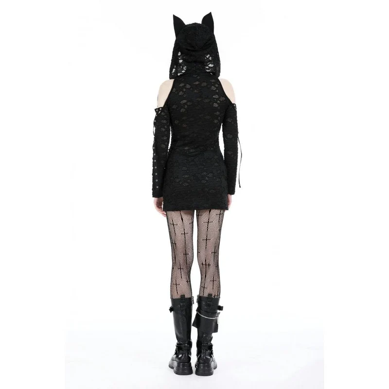 Schulterfreies, zerrissenes Punk-Kleid für Damen mit Kapuze