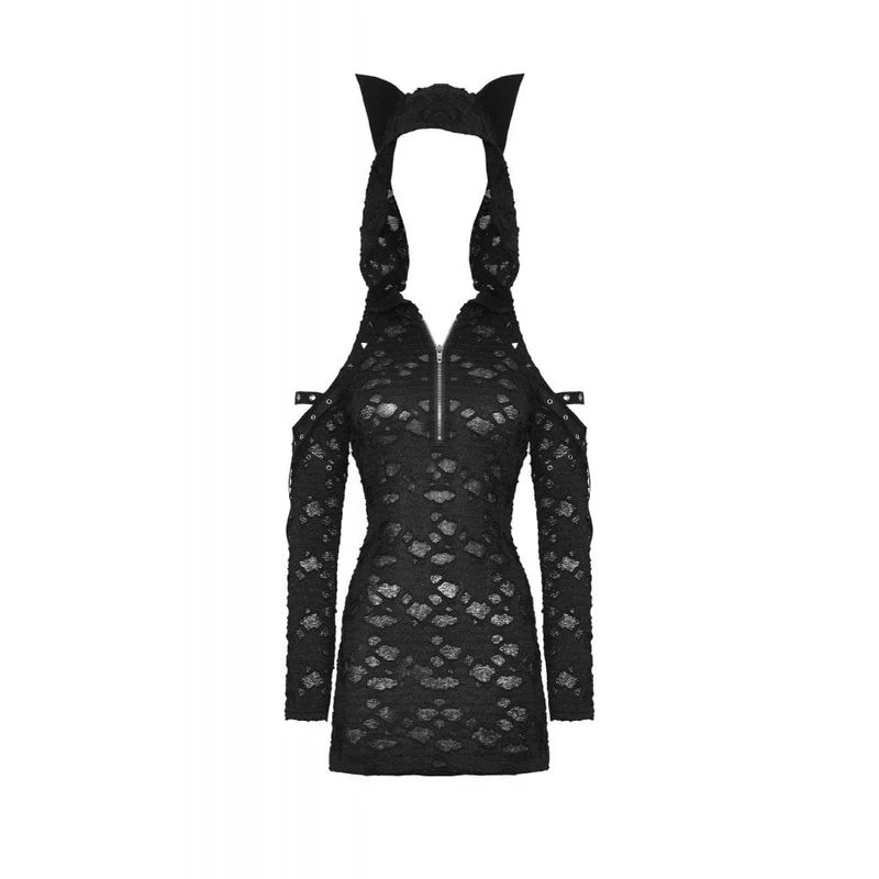 Schulterfreies, zerrissenes Punk-Kleid für Damen mit Kapuze
