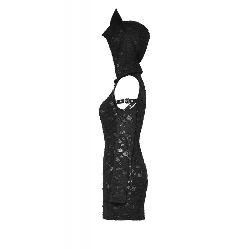 Schulterfreies, zerrissenes Punk-Kleid für Damen mit Kapuze