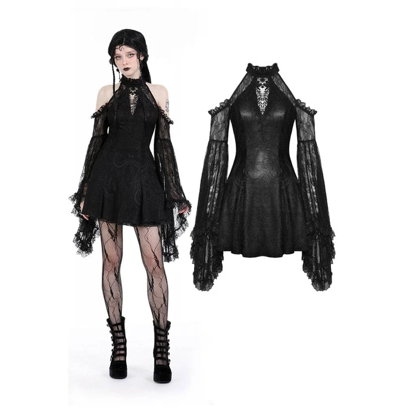 Schulterfreies, schulterfreies Gothic-Kleid mit ausgestellten Ärmeln und Spitze für Damen