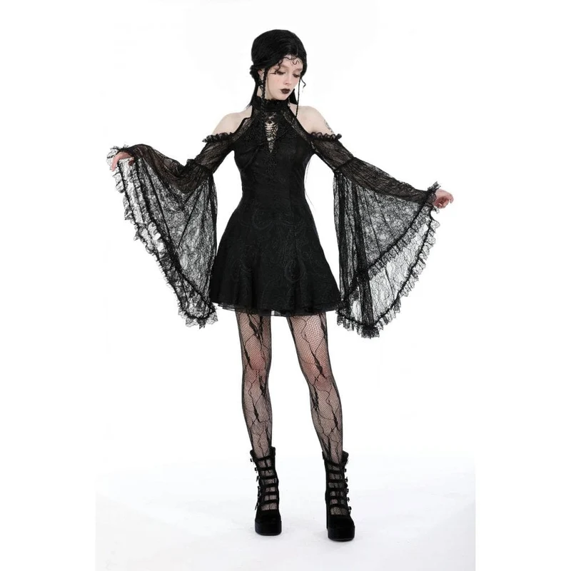 Schulterfreies, schulterfreies Gothic-Kleid mit ausgestellten Ärmeln und Spitze für Damen