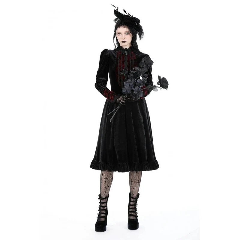 Damen-Gothic-Kleid aus Samt mit Puffärmeln und Stehkragen