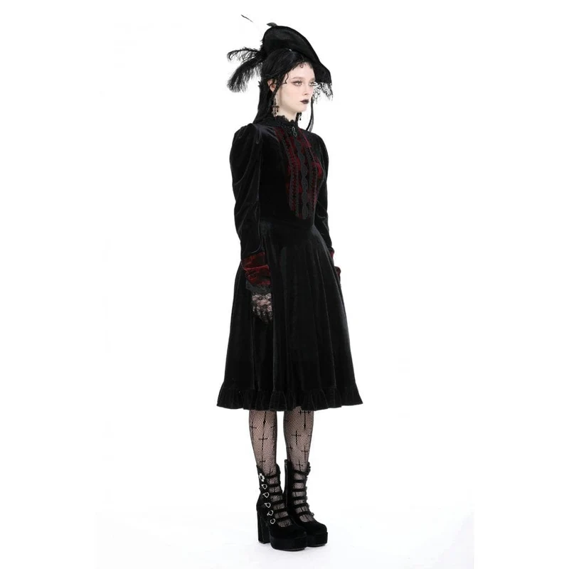 Damen-Gothic-Kleid aus Samt mit Puffärmeln und Stehkragen
