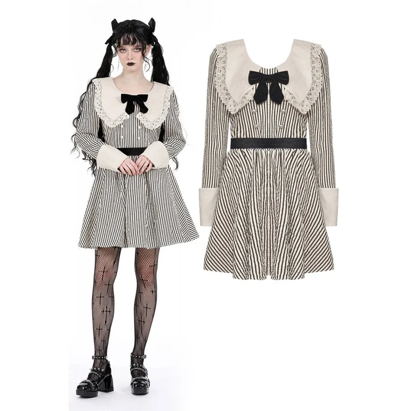 Gestreiftes Kleid mit Vintage-Puppenkragen für Damen
