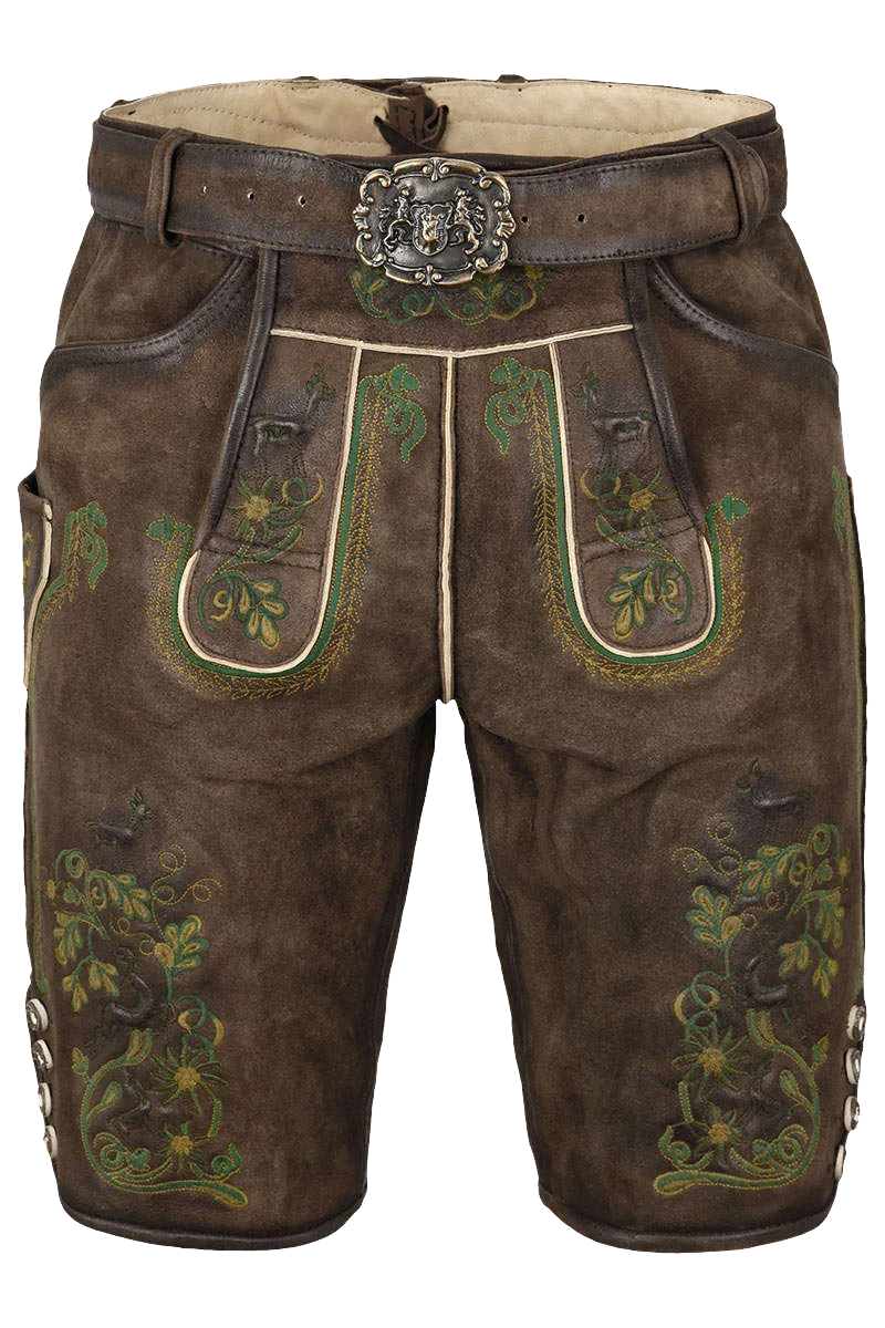 Herren Lederhose mit Gürtel kurz Braun mit grüner Stickerei